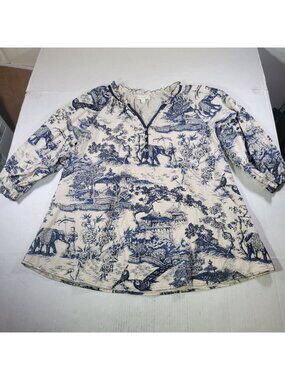 Weekend By Suzanne Betro Cotton Blue/White Long Sleeve Toile Tunic Top Size L